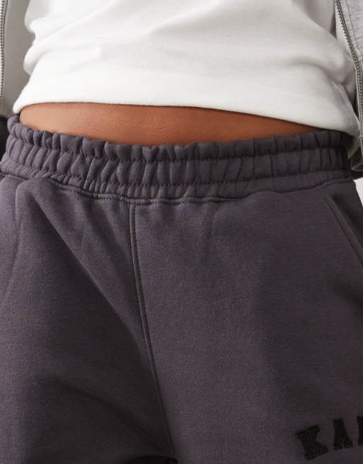 Kaiia Petite cotton blend embroidered logo wide leg sweatpants in dark gray, 4 of 5