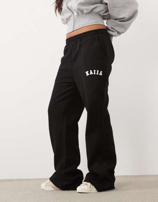 Kaiia Petite cotton blend embroidered logo wide leg trackies in black, 2 of 5