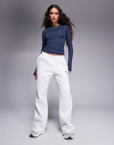 Kaiia Petite cotton blend embroidered logo wide leg trackies in light grey - view 1