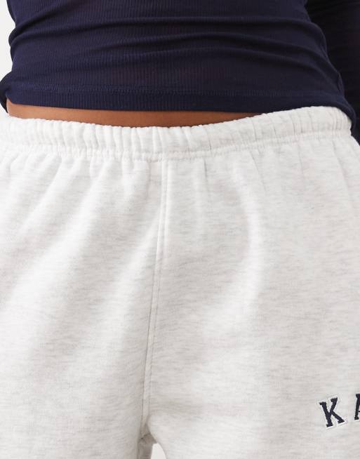 Kaiia Petite cotton blend embroidered logo wide leg trackies in light grey, 4 of 5