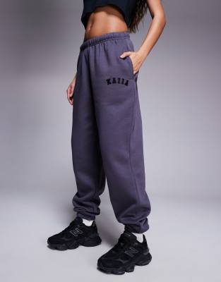 Shop Kaiia Petite Embroidered Logo Cuffed Sweatpants In Gray