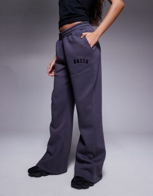 Kaiia Petite Embroidered Logo Wide Leg Sweatpants In Gray
