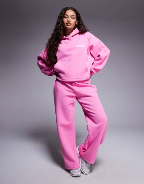 Kaiia Petite logo oversized hoodie and wide leg trackies set in pink - view 1