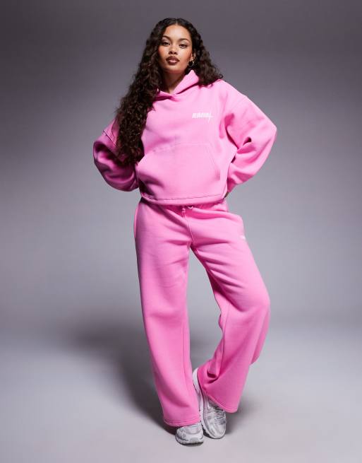 Kaiia Petite logo oversized hoodie and wide leg trackies set in pink