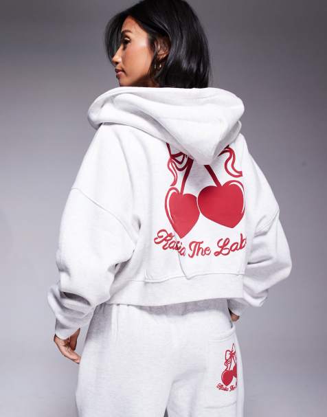 Kaiia Petite - Studio - Sweat à capuche zippé court d'ensemble en coton majoritaire à imprimé cerise au dos - Gris chiné et rouge - view 1