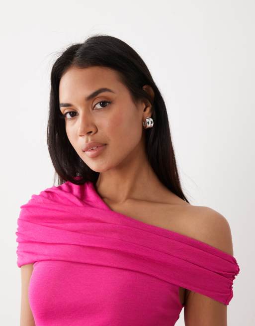 Kaiia - Pink offshoulder-minikjole med drapering og rara-kant i tekstureret mesh - Kun hos ASOS, 3 af 4