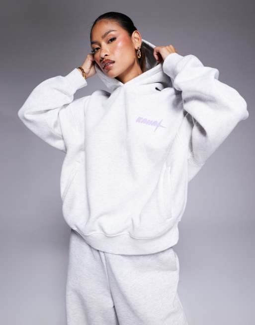 Kaiia planet logo graphic back print oversized hoodie in light heather gray and lilac