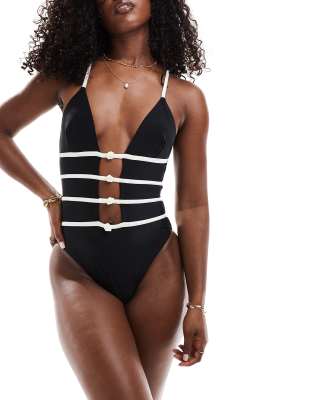 plunge cut out corsage detail swimsuit in monochrome-Black