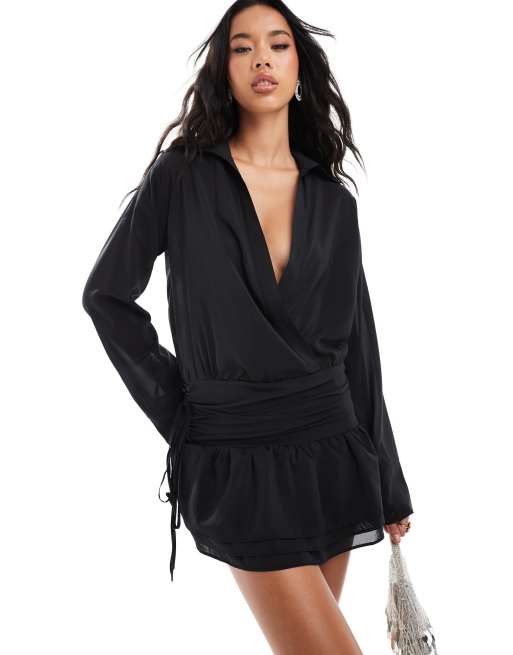 Kaiia plunge neck dropped waist ruffle hem mini dress in black