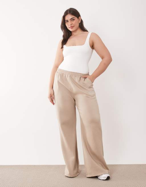Kaiia Plus – Beige mjukisbyxor i bomullsmix med vida ben, 2 av 5