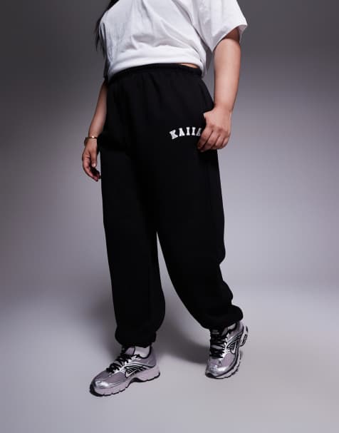 Kaiia Plus cotton-blend embroidered logo cuffed trackies in black (Part of a set) - view 1