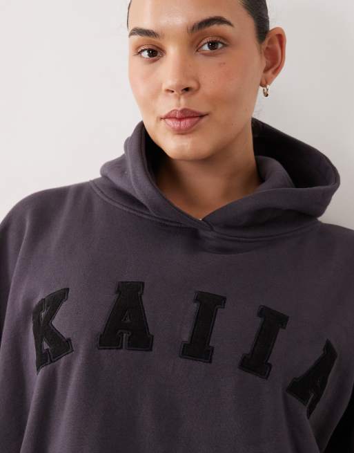 Kaiia Plus cotton blend logo oversized hoodie in dark grey (part of a set), 4 of 4