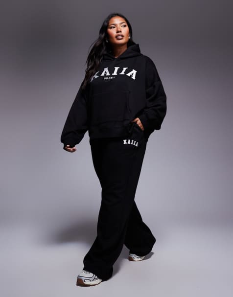 Kaiia Plus cotton blend wide leg joggers co-ord in black - view 1