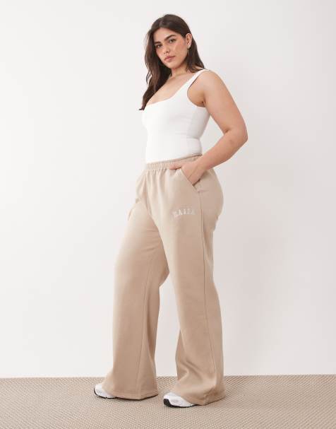 Kaiia Plus cotton blend wide leg joggers in stone - view 1