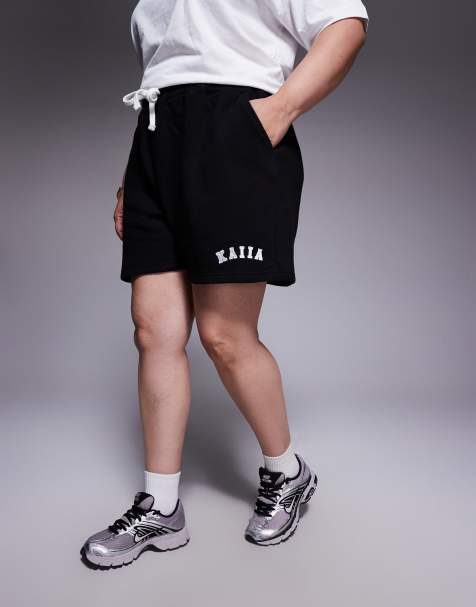 Kaiia Plus cotton rich embroidered logo sweat shorts in black (part of a set) - view 1