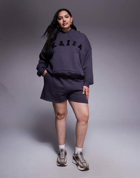 Kaiia Plus cotton rich sweatshirt fabric embroidered logo shorts in dark gray - part of a set - view 1