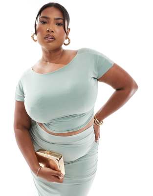 Plus exclusive double layered slinky wide neck top in sage - part of a set-Green