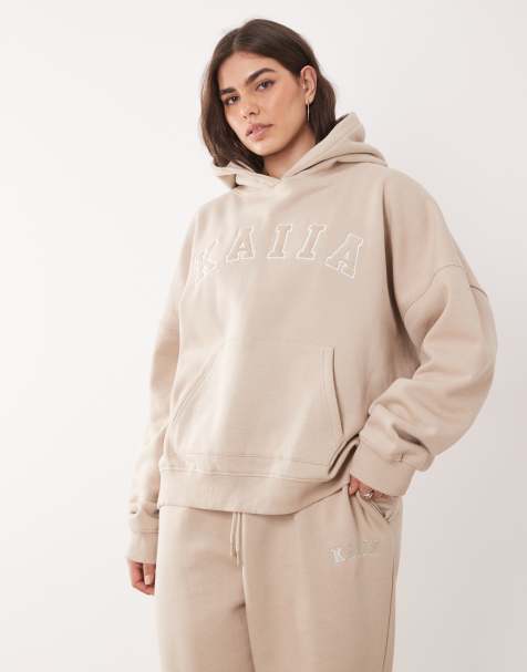 Kaiia Plus - Felpa con cappuccio in misto cotone color pietra con logo ricamato in coordinato - view 1