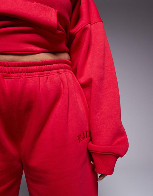Kaiia - Plus - Joggingbroek van katoenmix met wijde pijpen in rood, deel van co-ord set  , 5 van 5
