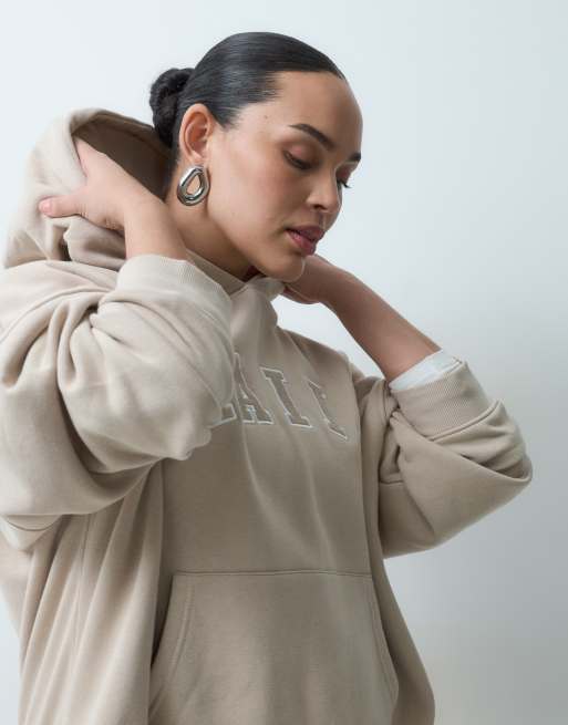 Kaiia Plus – Oversize-Kapuzenpullover aus Baumwollmix in Steinbeige mit gesticktem Logo, Kombiteil, 5 von 5