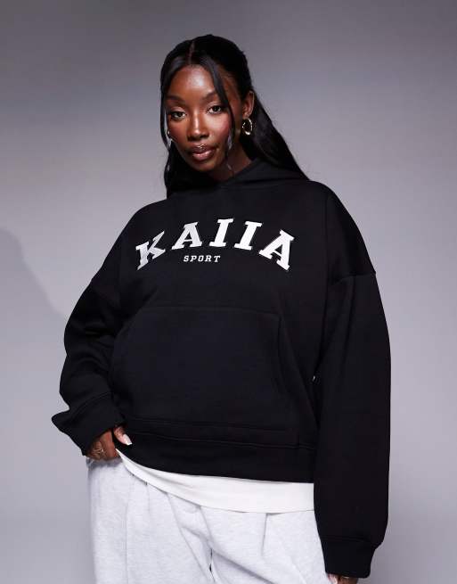 Kaiia - Plus - Oversized hoodie van katoenmix met logo in zwart  , 3 van 4