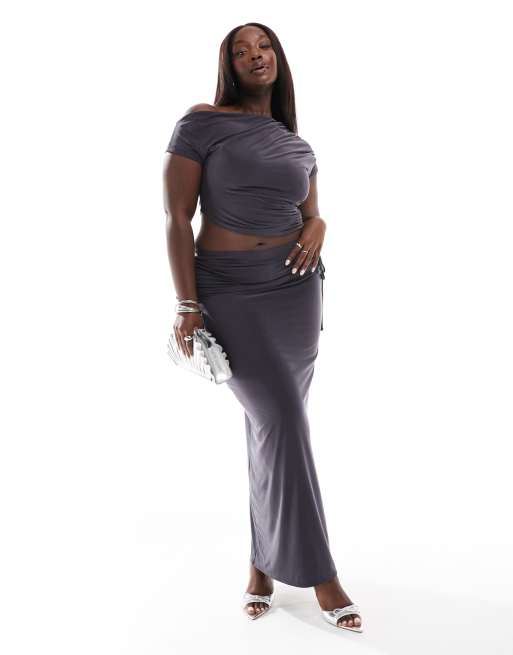Kaiia Plus slinky off shoulder top and maxi skirt set in charcoal