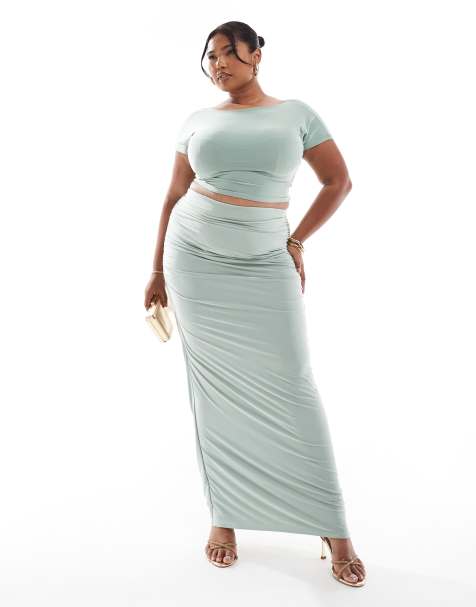 Kaiia Plus slinky ruched column maxi skirt co-ord in sage - view 1