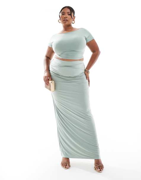 Kaiia Plus slinky wide neck top and maxi skirt co-ord in sage - LGREEN - view 1