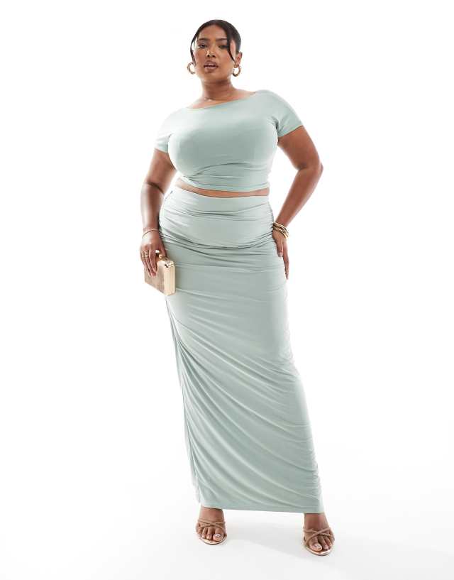 Kaiia - plus slinky wide neck top and maxi skirt co-ord in sage - lgreen