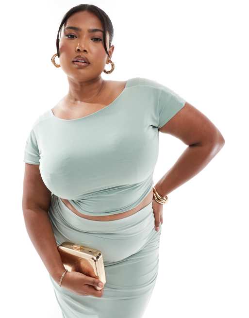 Kaiia Plus slinky wide neck top co-ord in sage