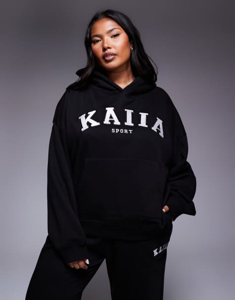 Kaiia - Plus - Sport - Oversized hoodie van katoenmix met geborduurd logo in zwart, deel van co-ord set - view 1
