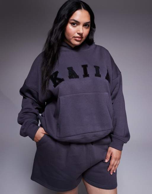 Kaiia Plus - Sweat à capuche d'ensemble oversize en coton mélangé avec logo - Gris foncé  