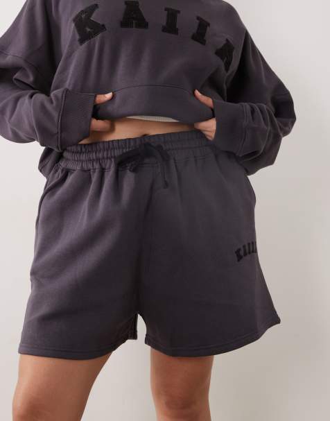 Kaiia Plus cotton rich embroidered logo sweat shorts co-ord in dark grey