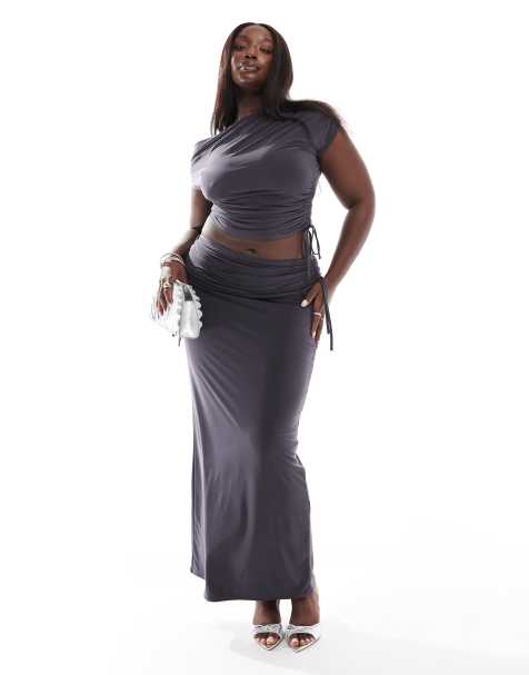 Kaiia – Plusstorlek – Mörkgrå, rak maxikjol med rysch, del av set, exklusivt hos ASOS - view 1