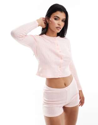 pointelle button up long sleeve pajama top in pink - part of a set