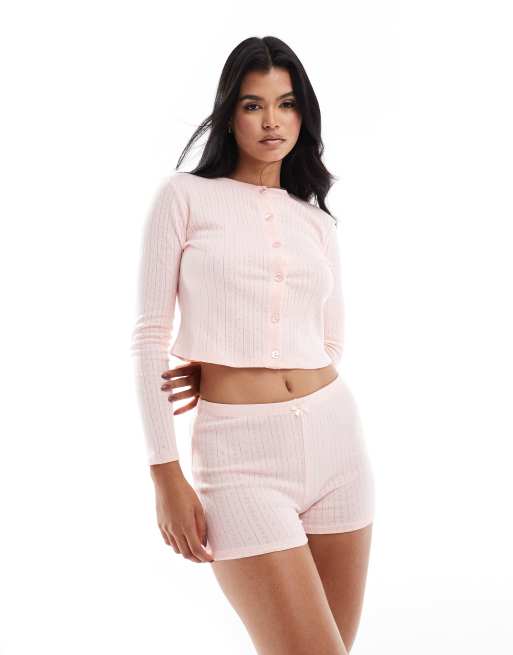 Kaiia pointelle long sleeve top and shorts pyjama set in pink ASOS