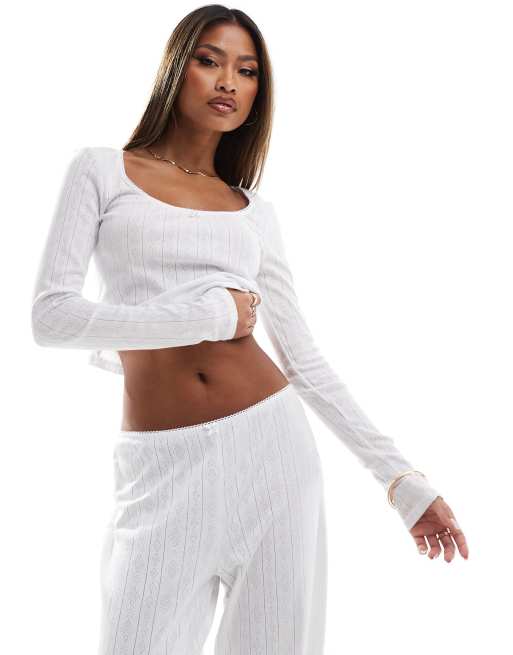 Kaiia pointelle ribbed bow detail round neck top in white - part of a set