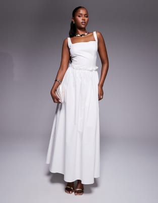 poplin square neck ruffle waist maxi dress in white