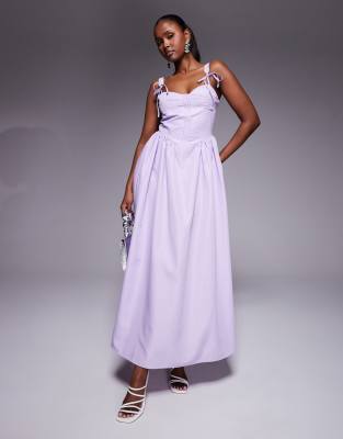 Kaiia Poplin Tie Strap Detail Gathered Skirt Corset Maxi Dress In Purple