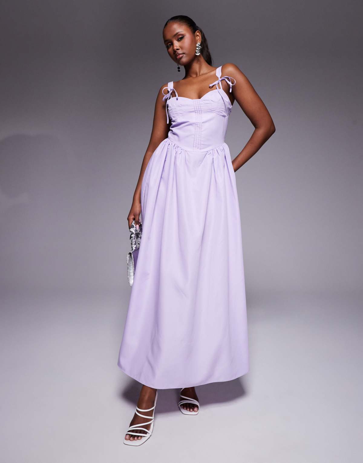 Kaiia poplin tie strap detail gathered skirt corset maxi dress in lilac