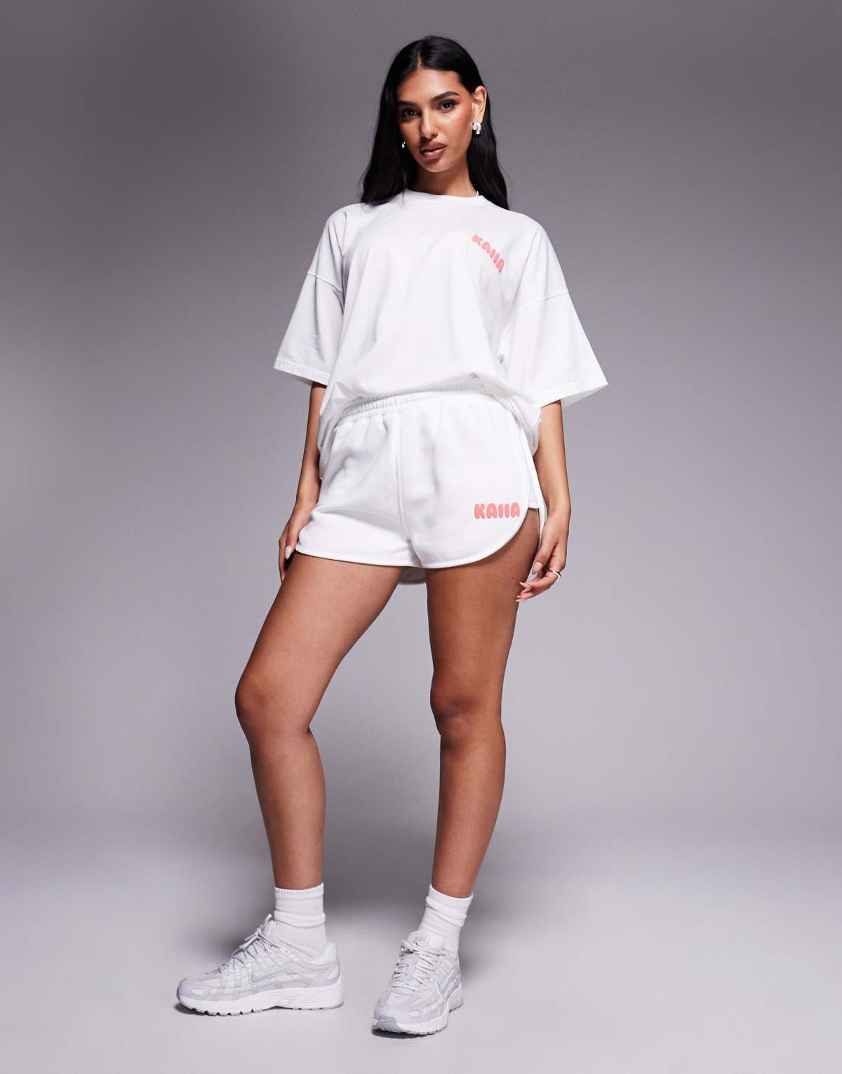 Kaiia puff printed logo mini sweat shorts co-ord in white and red