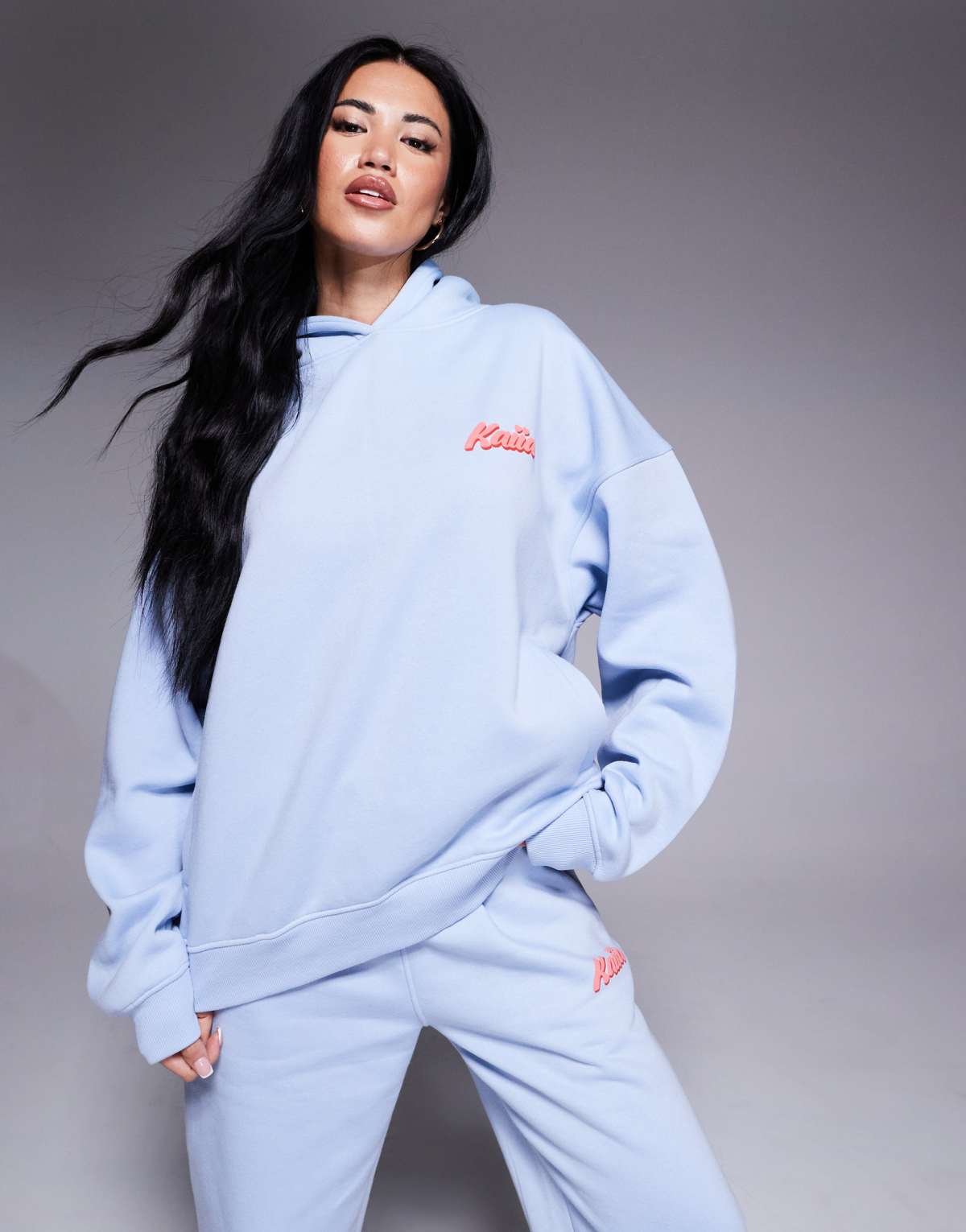 Kaiia puff printed logo oversized hoodie co-ord in light blue and red