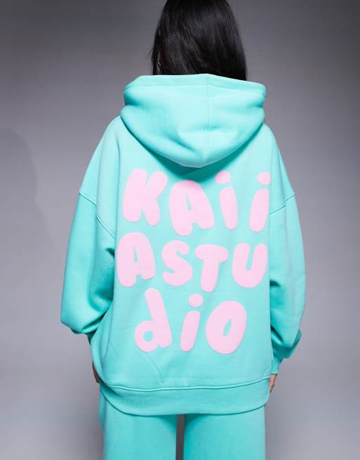 Kaiia puff printed logo oversized hoodie in aqua and baby pink (part of a set)