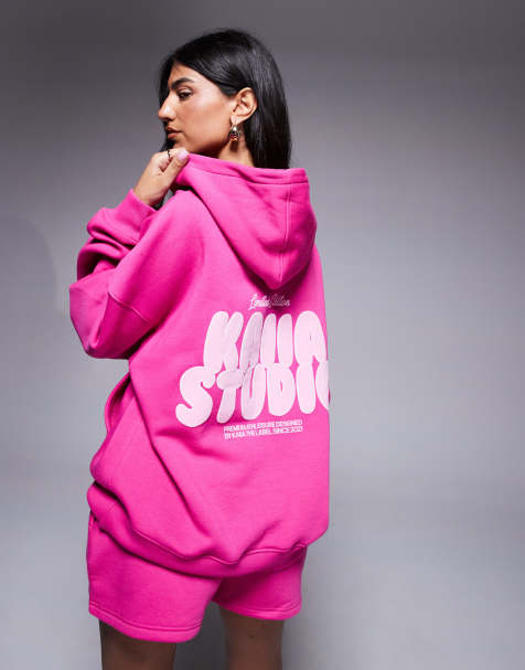 Kaiia puff printed logo oversized hoodie in fuchsia and baby pink (part of a set) - view 1