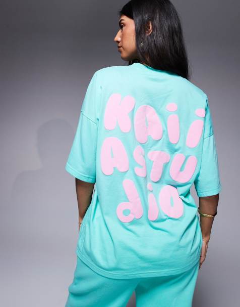 Kaiia puff printed logo oversized T-shirt in aqua and baby pink (part of a set) - view 1
