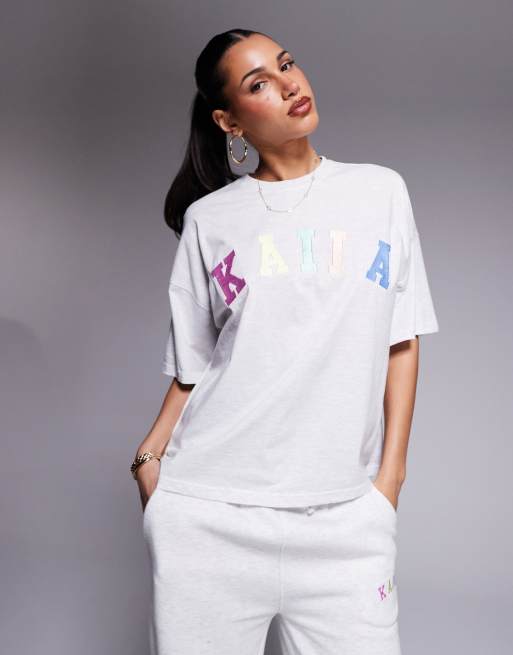 Kaiia rainbow logo oversized t-shirt in grey marl (part of a set) 