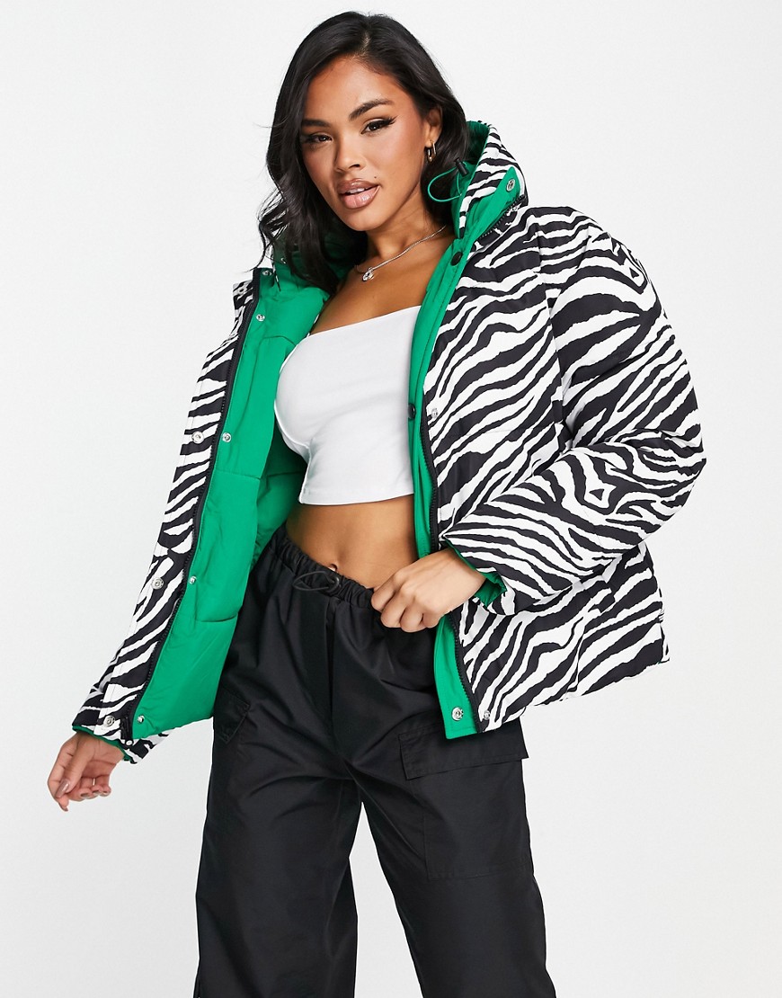 Kaiia reversible padded coat with hood in zebra multi