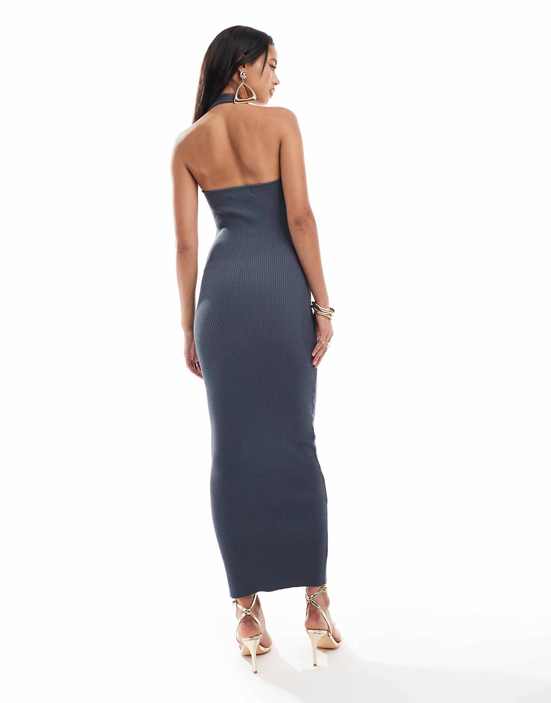 kaiia rib knit halterneck bodycon maxi dress in charcoal