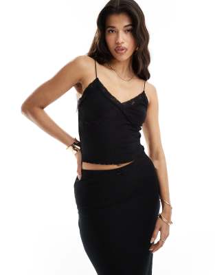 ribbed bow detail cami top in black - part of a set