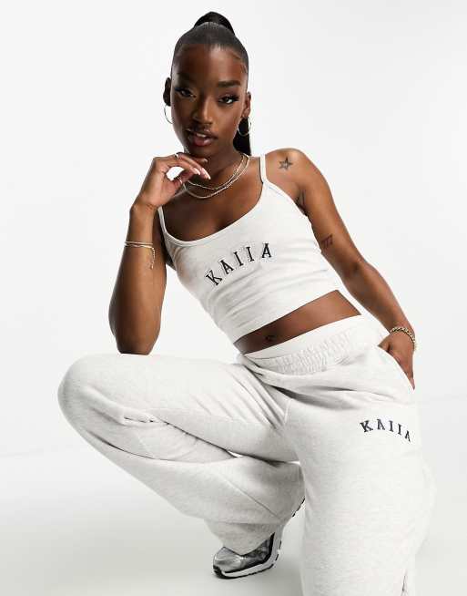 Kaiia ribbed cami logo top in gray heather - part of a set
